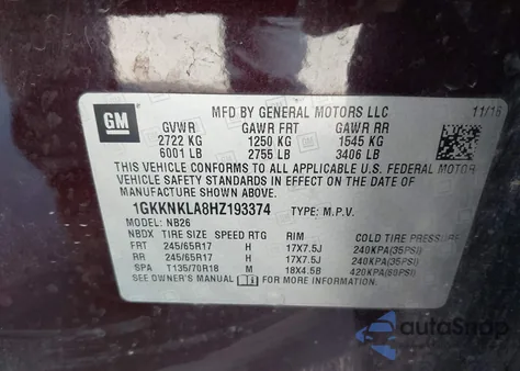 2017 GMC Acadia Sle-1 from USA, damaged, VIN 1GKKNKLA8HZ193374